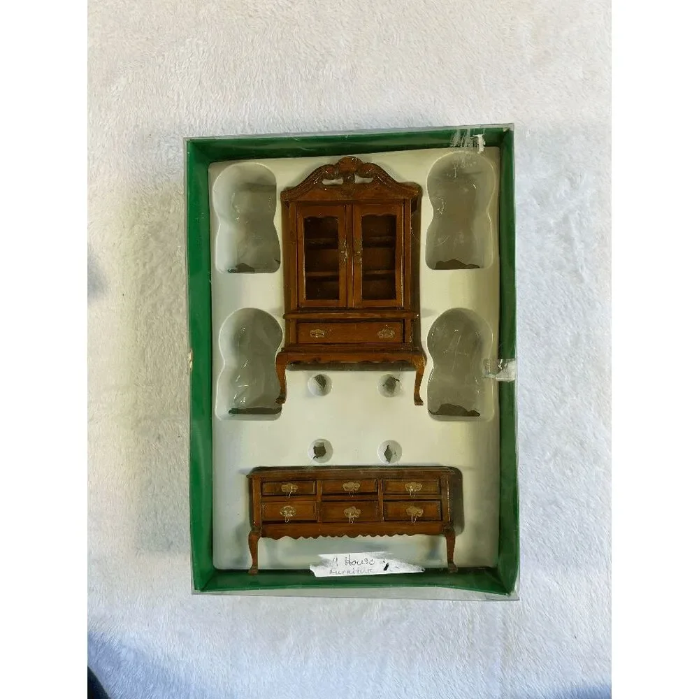 Miniature Doll House Furniture Lot, Wooden Pieces, Cloth Chairs, Vintage